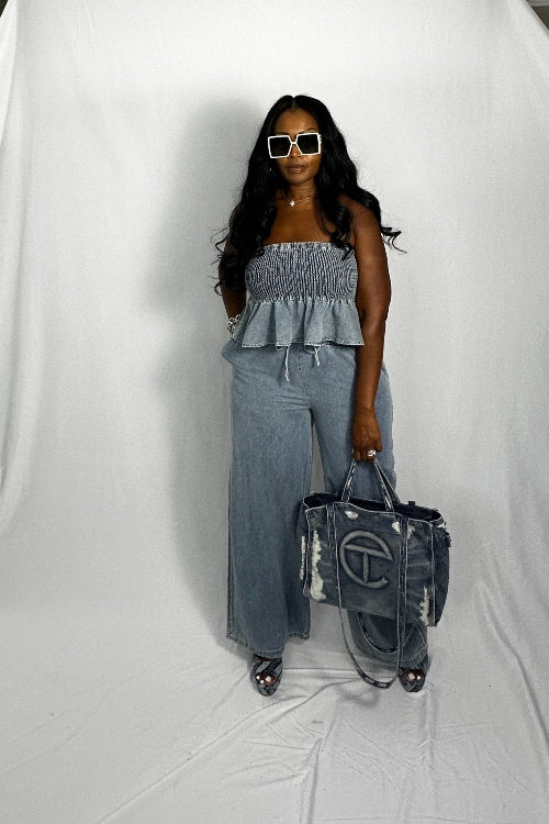 RESTOCKED Denim Peplum 2 piece stretch denim set