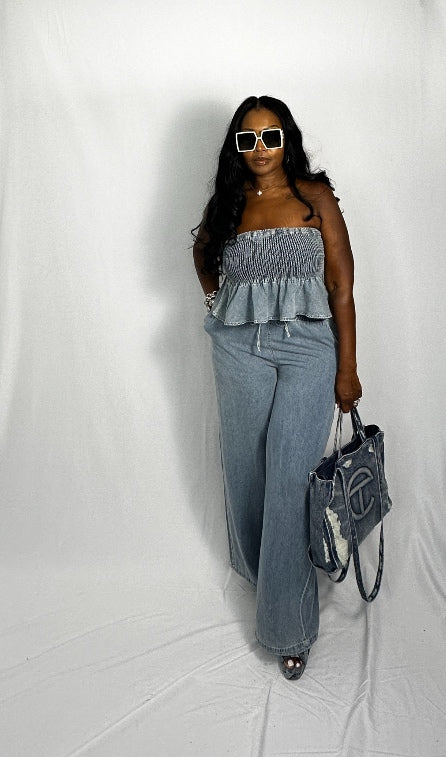 RESTOCKED Denim Peplum 2 piece stretch denim set