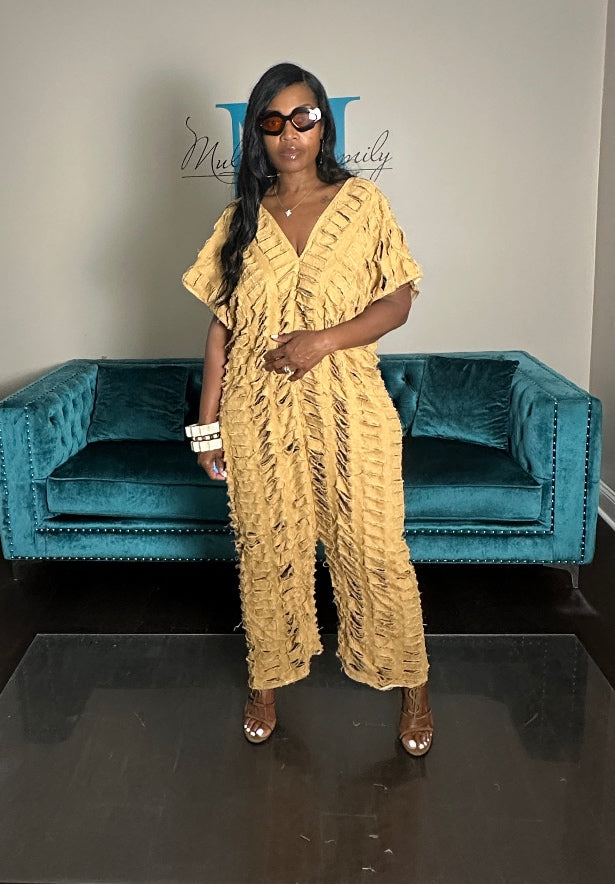 Pre-Order Denim Distressed Harem Romper Caramel Ships 8/27