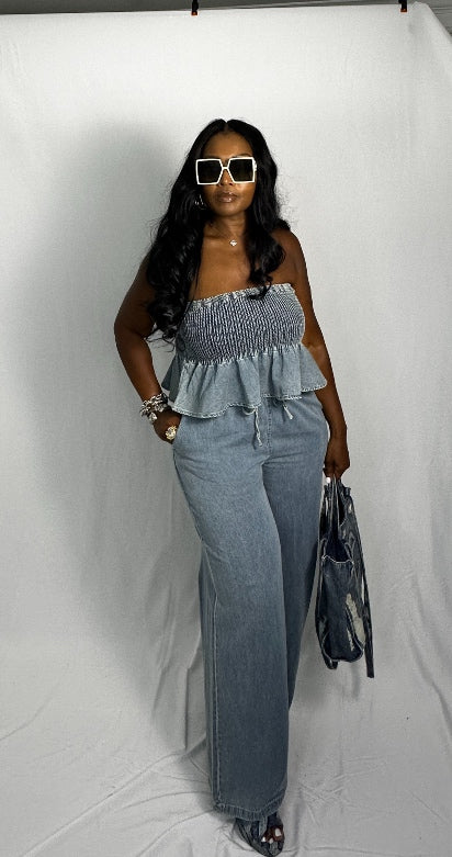 RESTOCKED Denim Peplum 2 piece stretch denim set