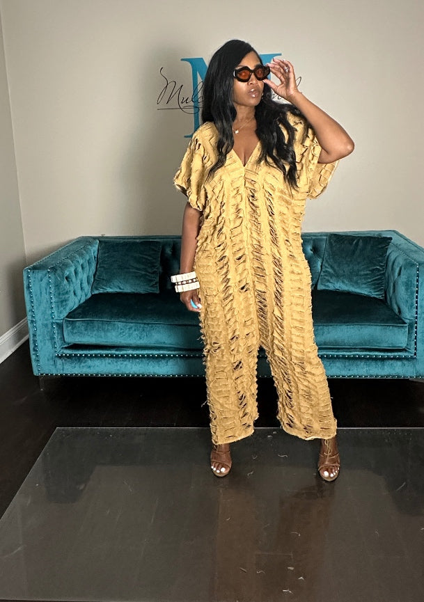 Pre-Order Denim Distressed Harem Romper Caramel Ships 8/27