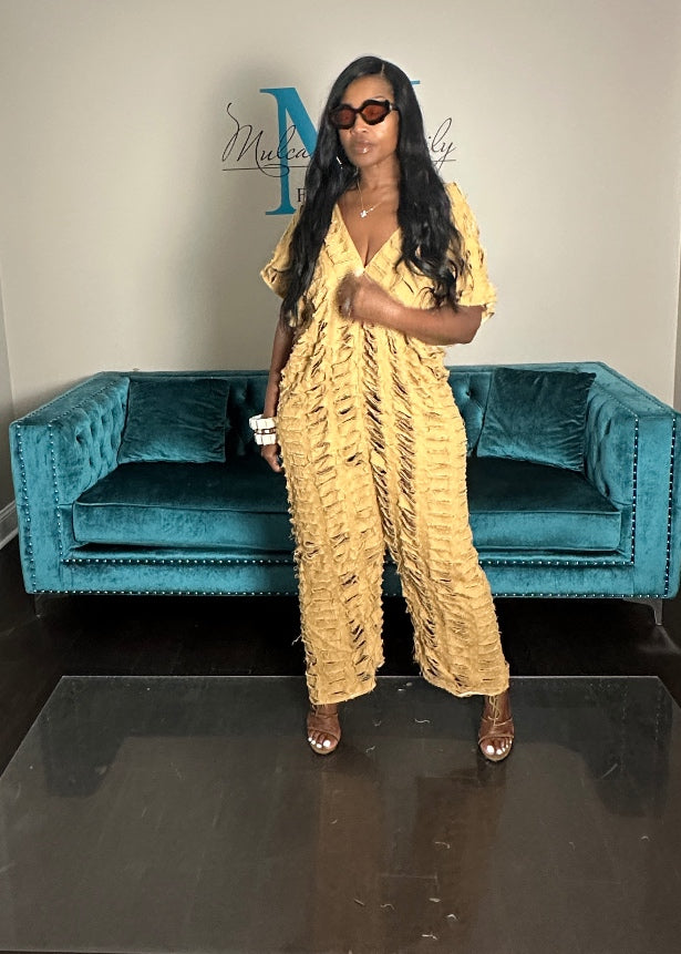 Pre-Order Denim Distressed Harem Romper Caramel Ships 8/27