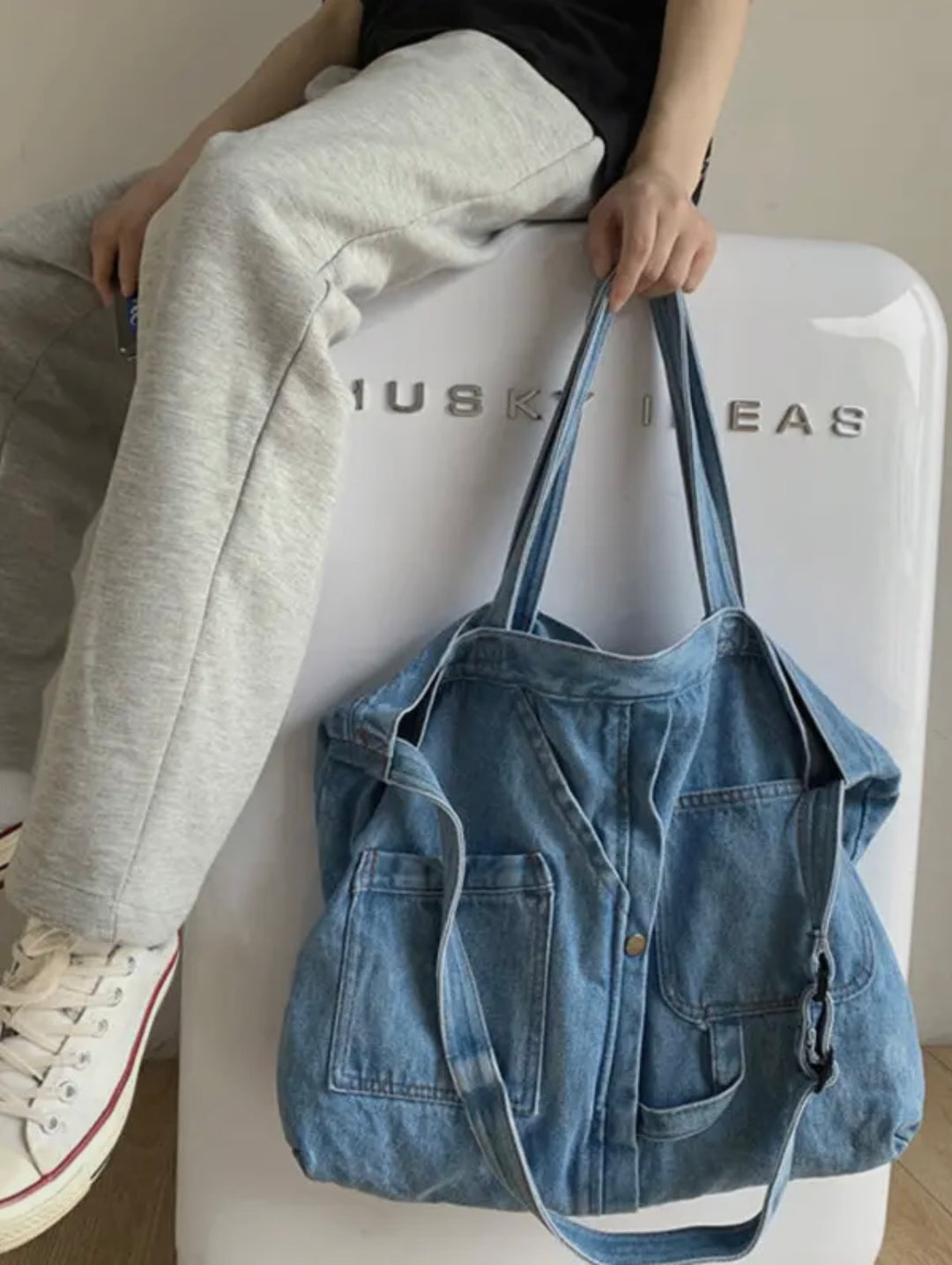 Denim Oversized Tote with Adjustable strap Light Denim