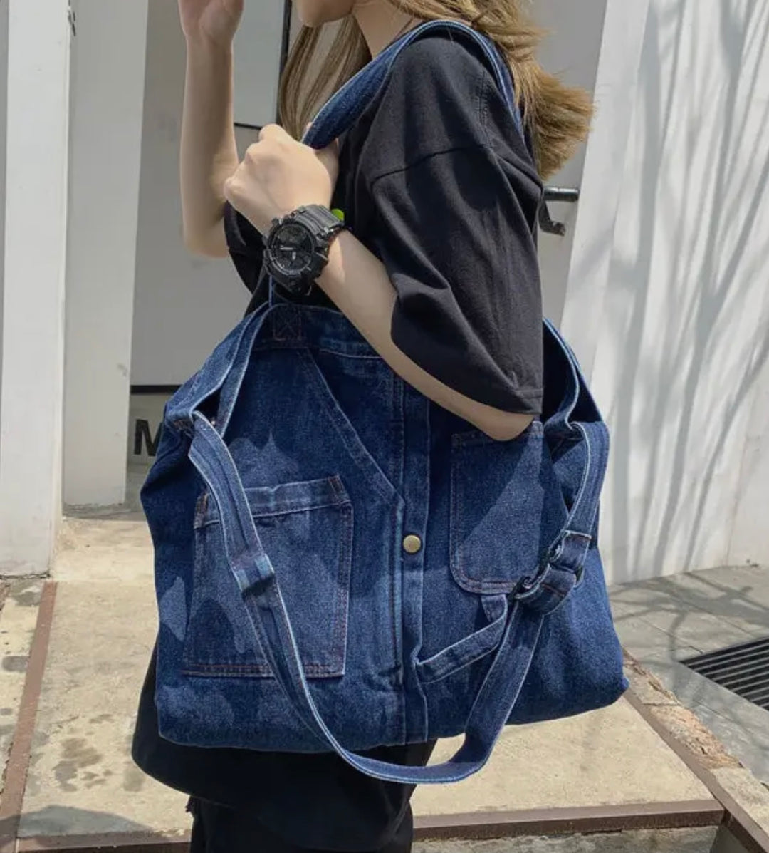 Denim Oversized Tote with Adjustable strap Light Denim