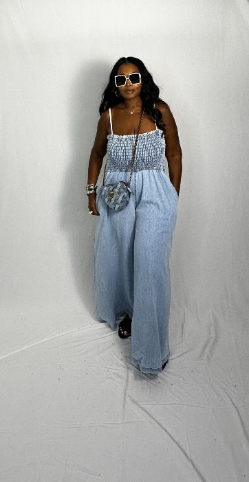 RESTOCKED Denim Stretch Gauze Wide Legged Jumpsuit