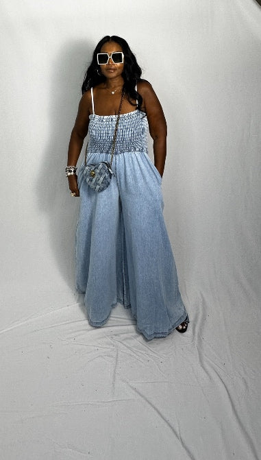 RESTOCKED Denim Stretch Gauze Wide Legged Jumpsuit