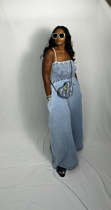 RESTOCKED Denim Stretch Gauze Wide Legged Jumpsuit