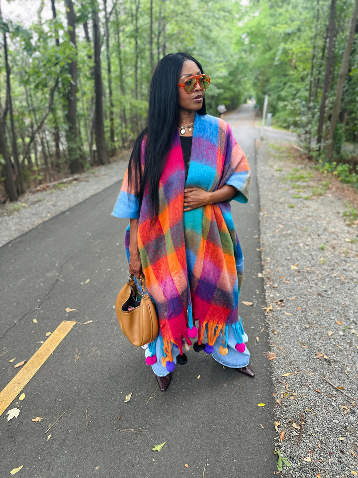 Winter Open Front Long Multi-color Kimono with Pom Pom Detail - Turquoise Orange Pihk Blend