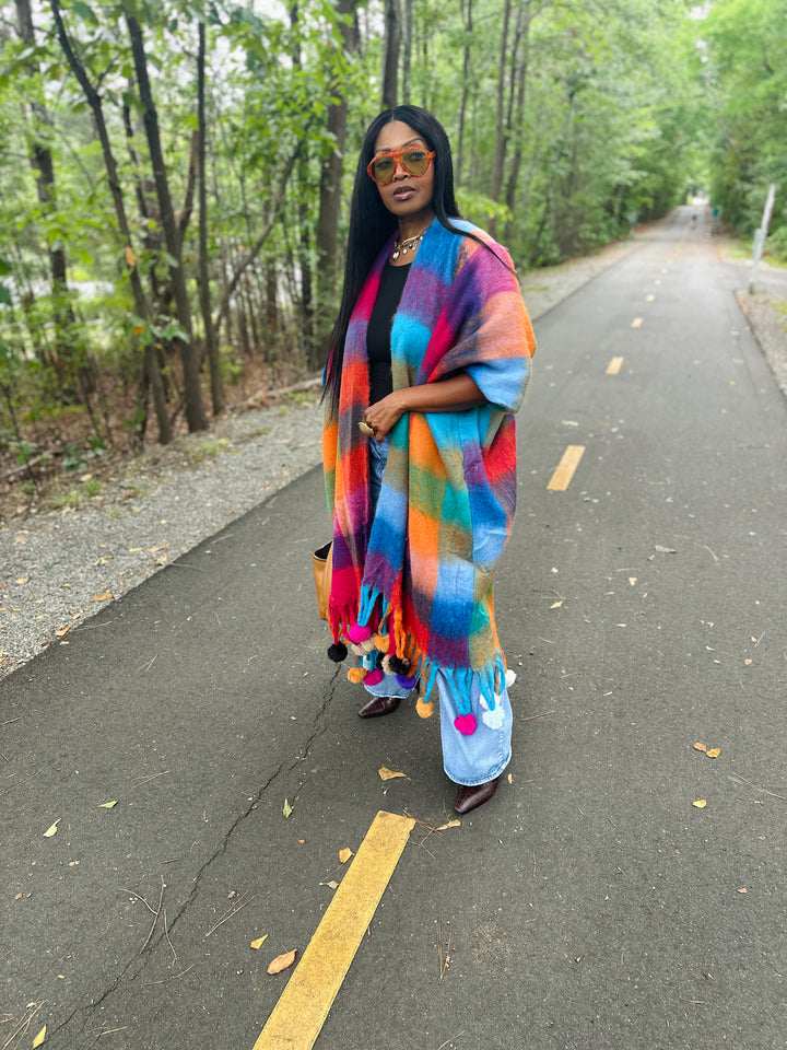 Winter Open Front Long Multi-color Kimono with Pom Pom Detail - Turquoise Orange Pihk Blend