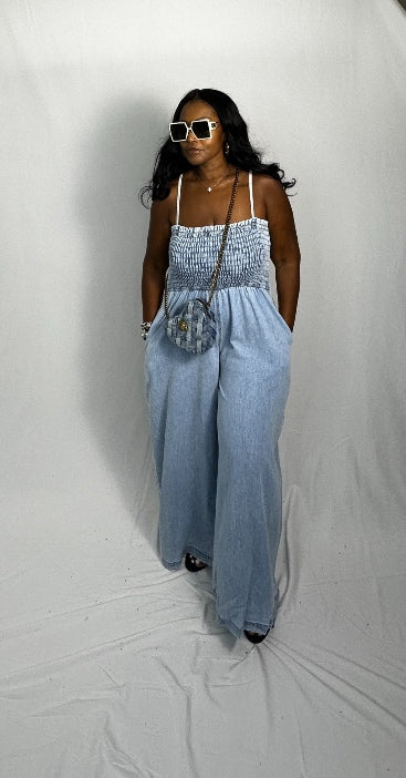 RESTOCKED Denim Stretch Gauze Wide Legged Jumpsuit