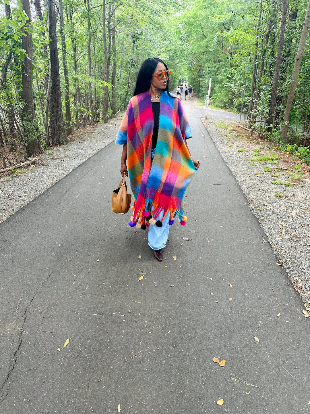 Winter Open Front Long Multi-color Kimono with Pom Pom Detail - Turquoise Orange Pihk Blend