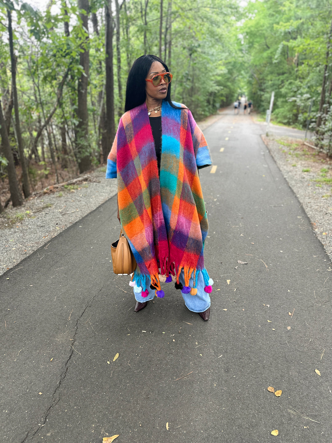 Winter Open Front Long Multi-color Kimono with Pom Pom Detail - Turquoise Orange Pihk Blend