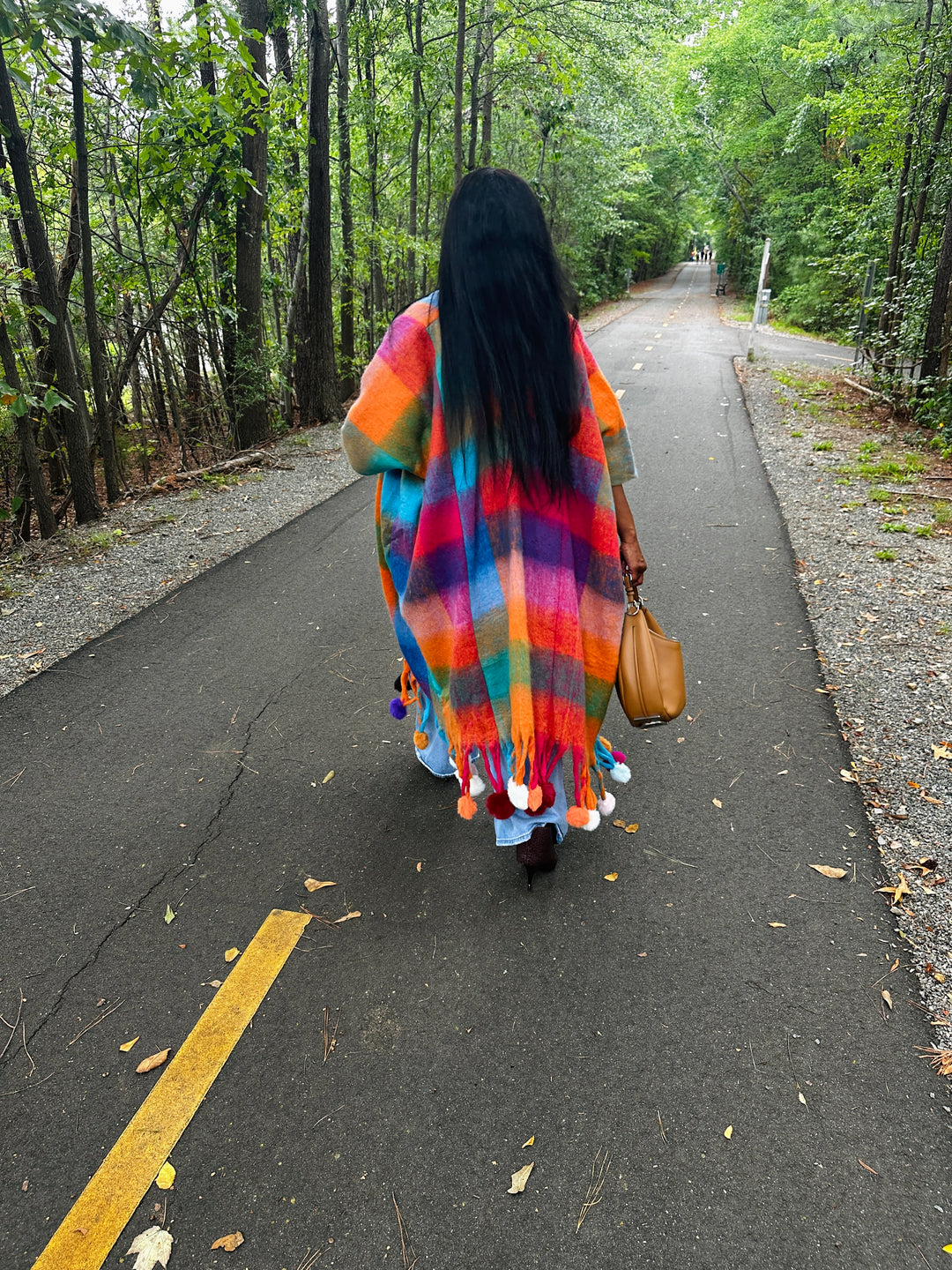 Winter Open Front Long Multi-color Kimono with Pom Pom Detail - Turquoise Orange Pihk Blend
