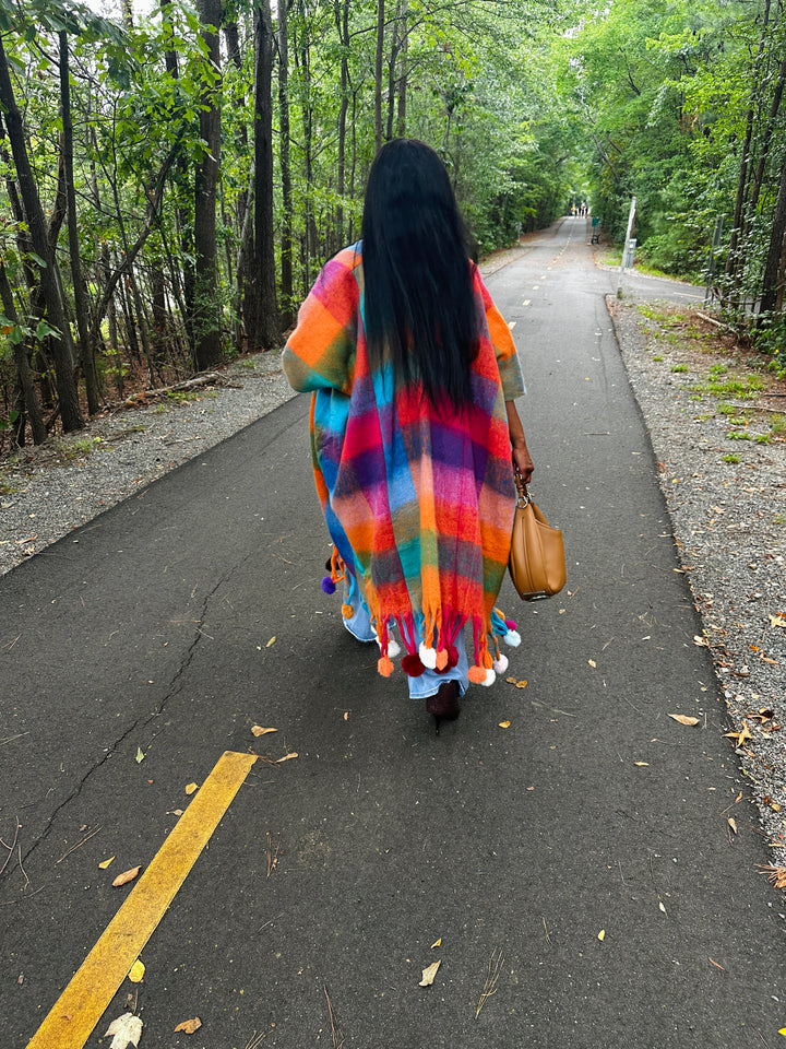 Winter Open Front Long Multi-color Kimono with Pom Pom Detail - Turquoise Orange Pihk Blend