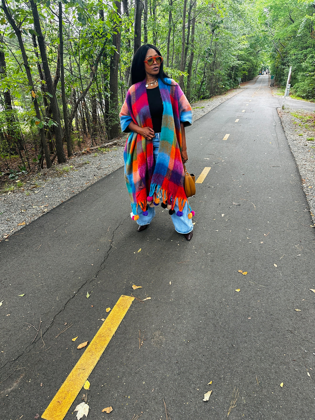 Winter Open Front Long Multi-color Kimono with Pom Pom Detail - Turquoise Orange Pihk Blend