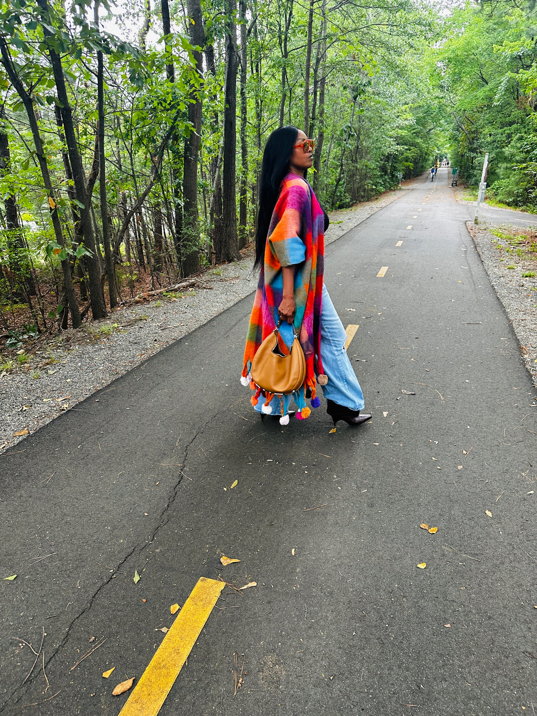 Winter Open Front Long Multi-color Kimono with Pom Pom Detail - Turquoise Orange Pihk Blend