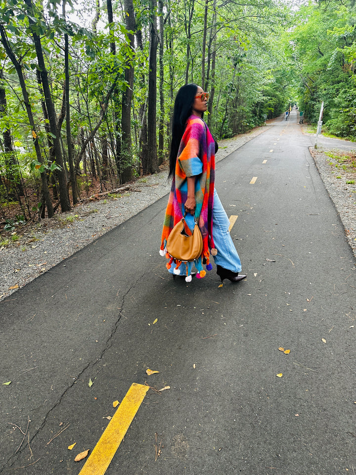Winter Open Front Long Multi-color Kimono with Pom Pom Detail - Turquoise Orange Pihk Blend
