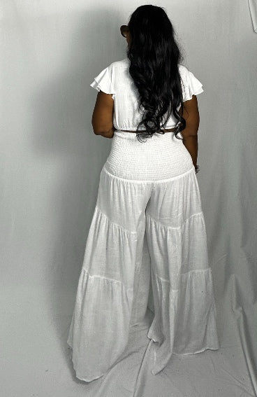 Summer White Linen 2 pc wide legged layered pant set