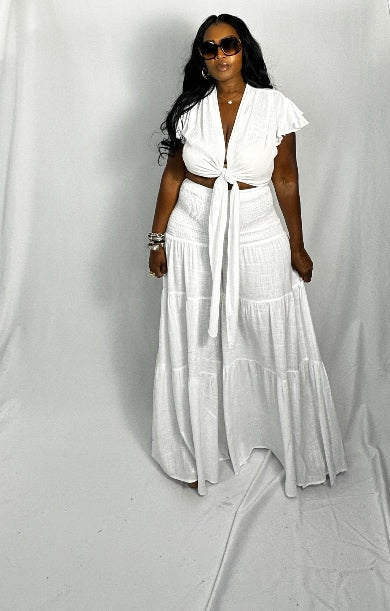 Summer White Linen 2 pc wide legged layered pant set