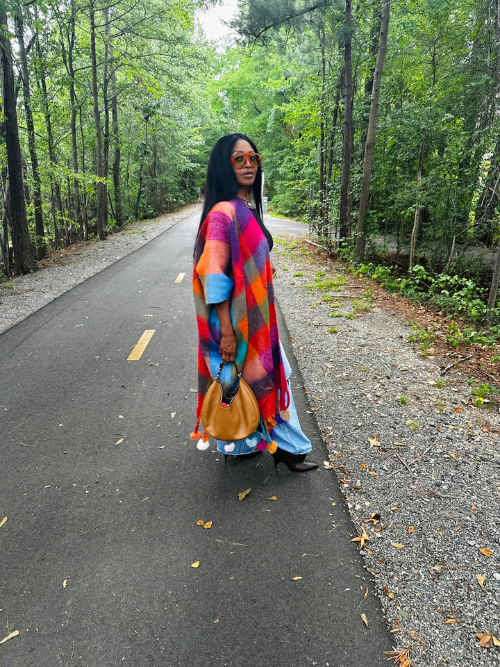 Winter Open Front Long Multi-color Kimono with Pom Pom Detail - Turquoise Orange Pihk Blend