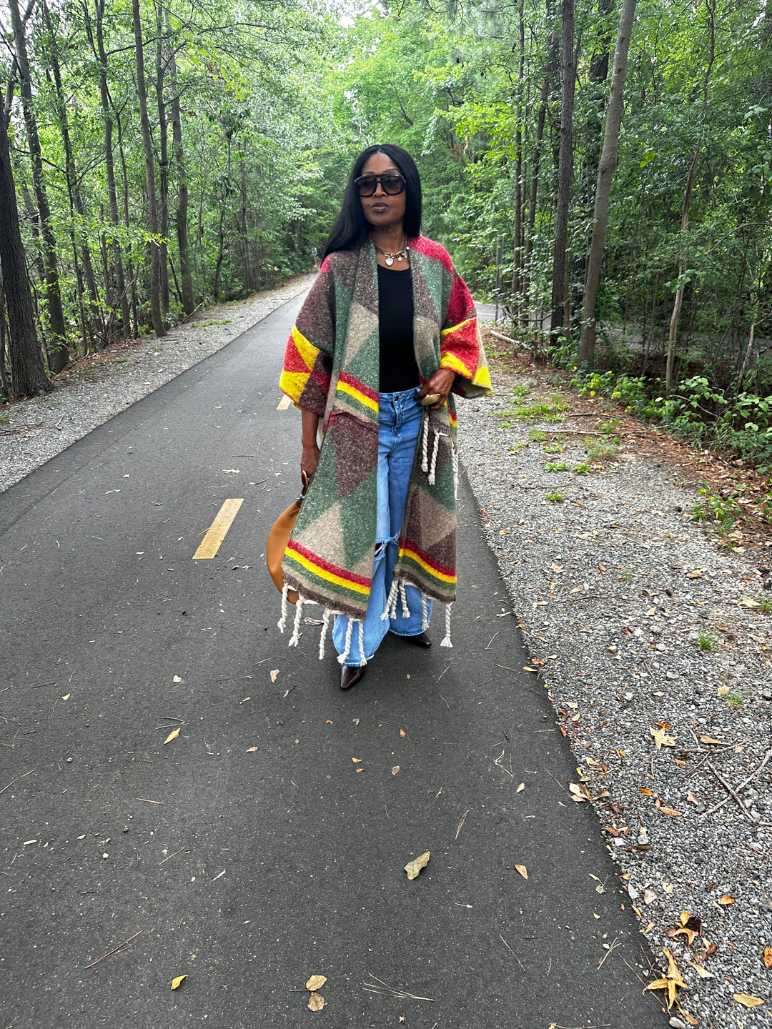 Marley Open Front Long Kimono Cardigan Coat  - Emerald Green, Brown, Yellow Red Blend