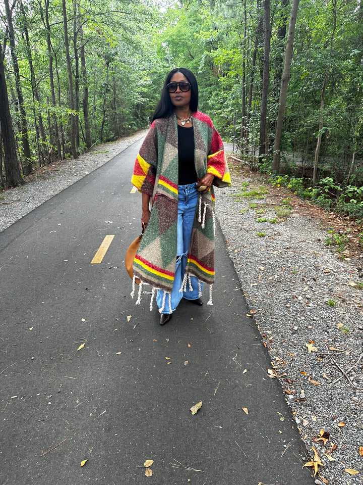 Marley Open Front Long Kimono Cardigan Coat  - Emerald Green, Brown, Yellow Red Blend