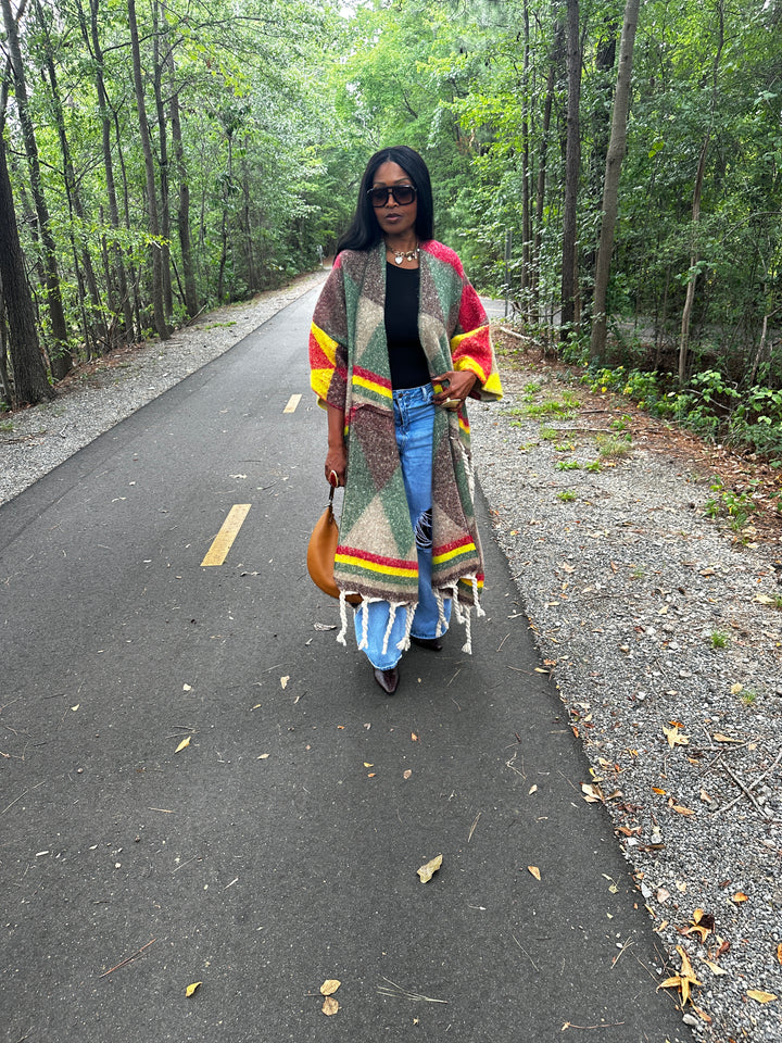 Marley Open Front Long Kimono Cardigan Coat  - Emerald Green, Brown, Yellow Red Blend