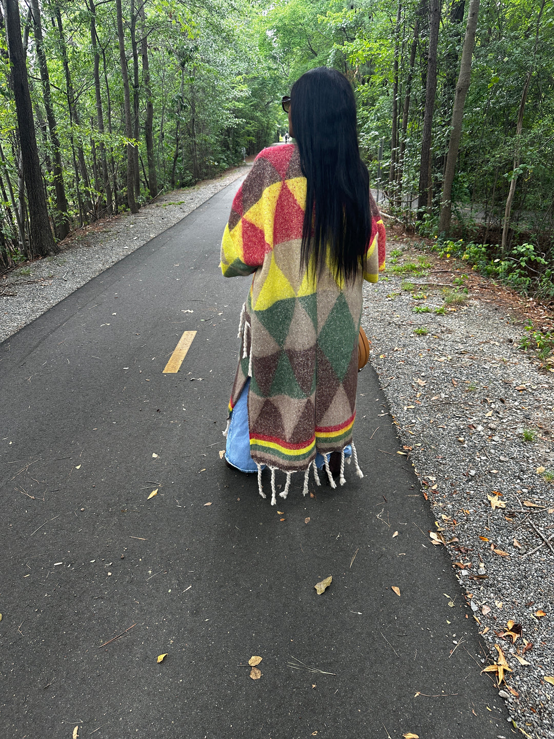 Marley Open Front Long Kimono Cardigan Coat  - Emerald Green, Brown, Yellow Red Blend
