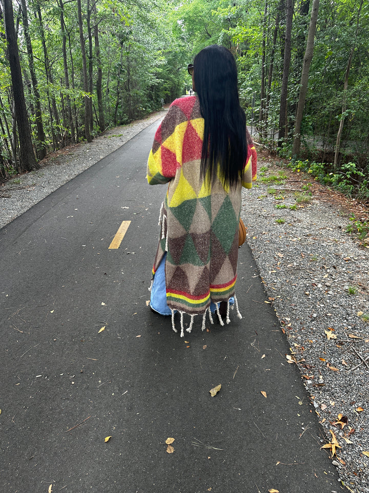 Marley Open Front Long Kimono Cardigan Coat  - Emerald Green, Brown, Yellow Red Blend
