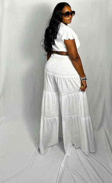 Summer White Linen 2 pc wide legged layered pant set