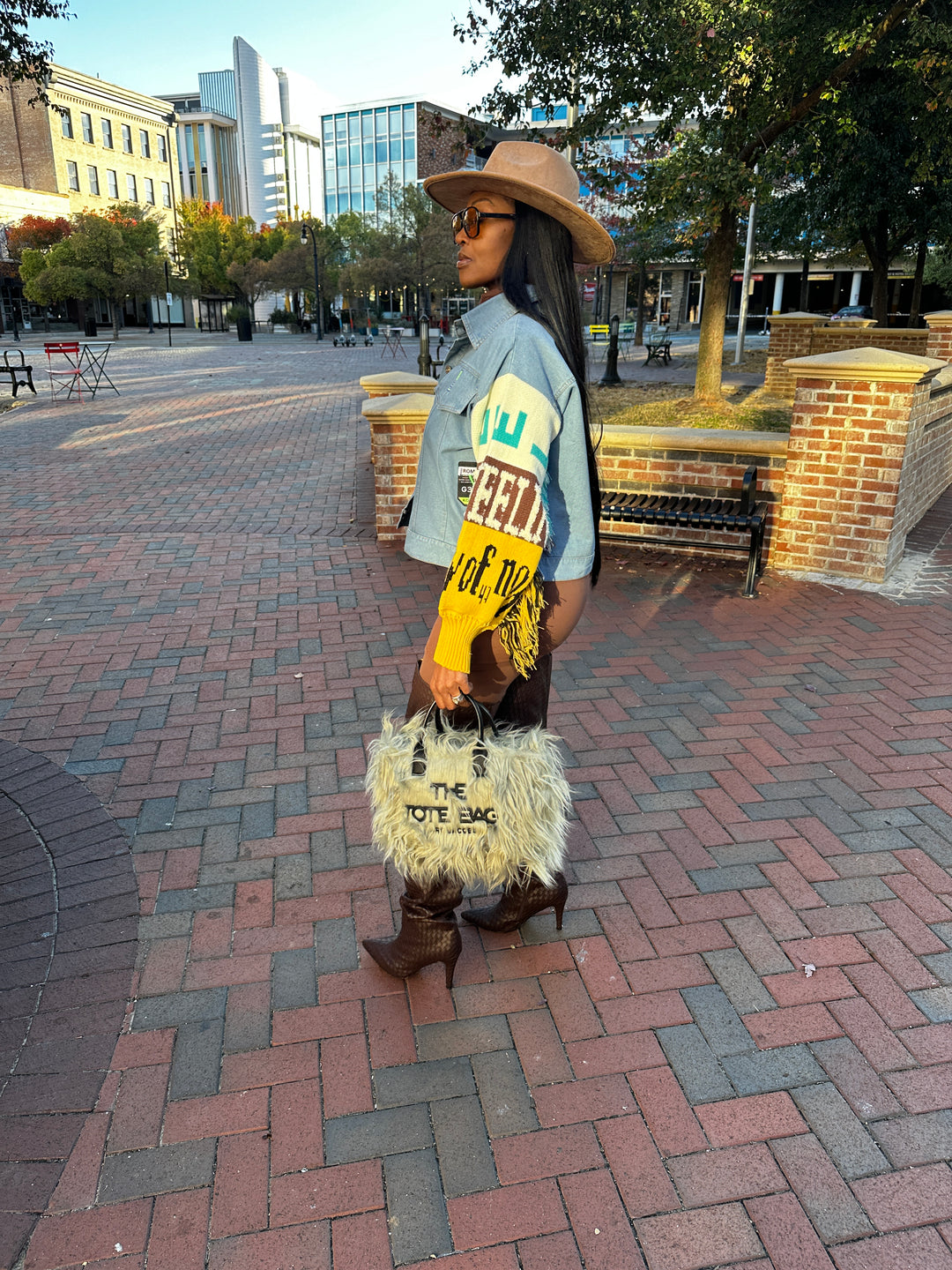 Blue Denim Fringe Sweater Sleeve Jacket with Patches