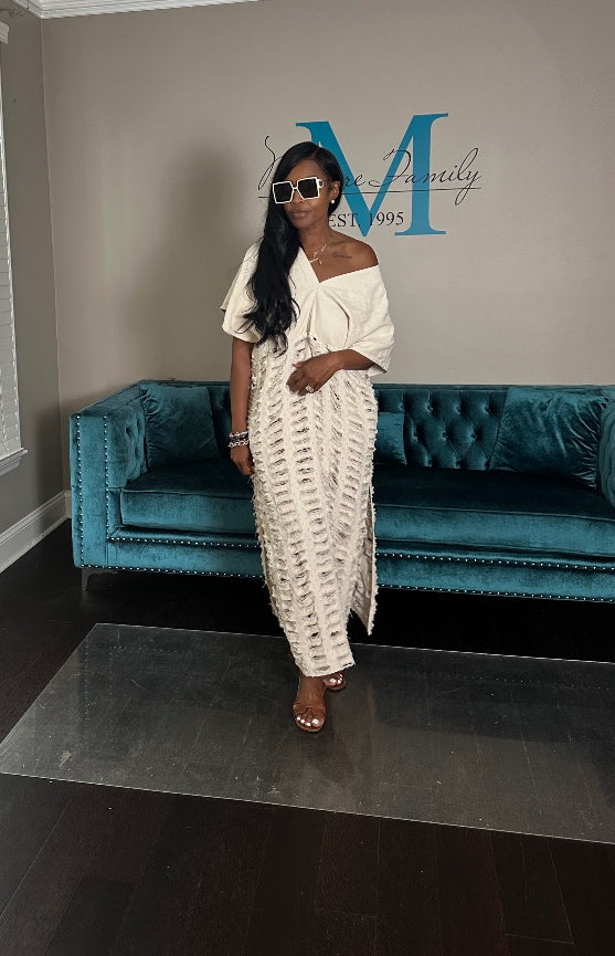Denim Distressed Lightweight Maxi Dress - Cream