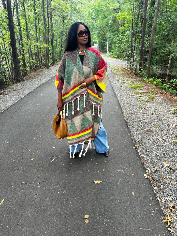 Marley Open Front Long Kimono Cardigan Coat  - Emerald Green, Brown, Yellow Red Blend