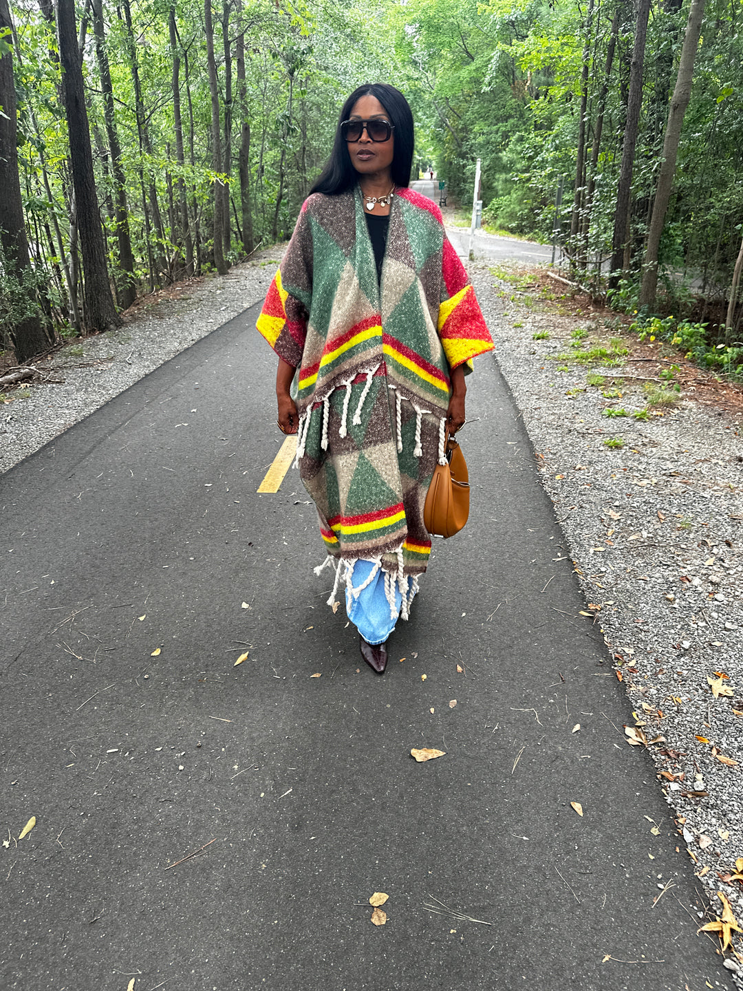Marley Open Front Long Kimono Cardigan Coat  - Emerald Green, Brown, Yellow Red Blend