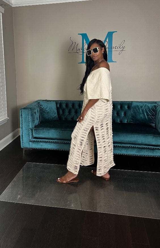 Denim Distressed Lightweight Maxi Dress - Cream