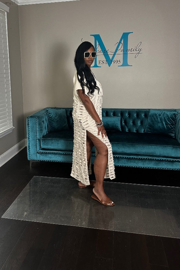 Denim Distressed Lightweight Maxi Dress - Cream