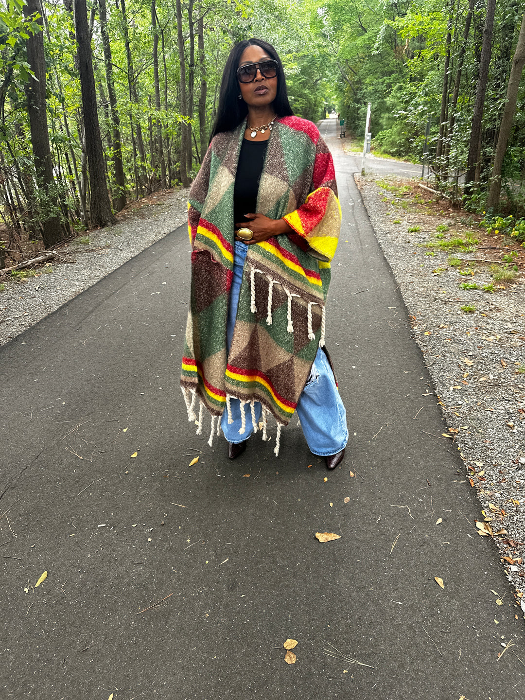 Marley Open Front Long Kimono Cardigan Coat  - Emerald Green, Brown, Yellow Red Blend