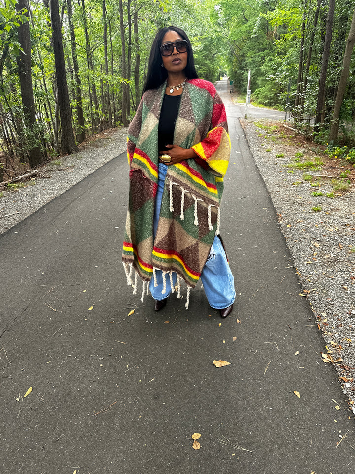 Marley Open Front Long Kimono Cardigan Coat  - Emerald Green, Brown, Yellow Red Blend