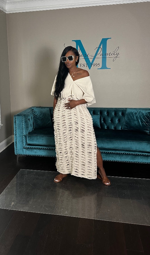 Denim Distressed Lightweight Maxi Dress - Cream