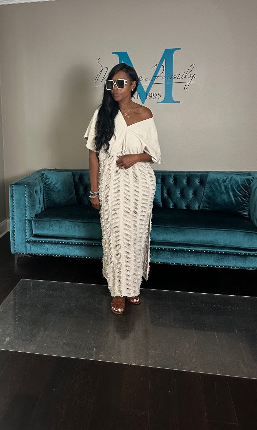 Denim Distressed Lightweight Maxi Dress - Cream