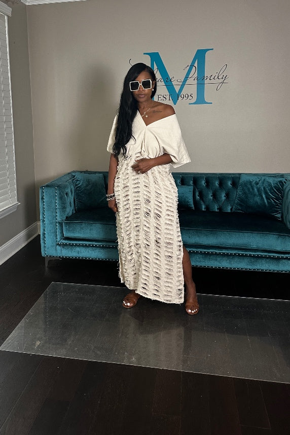 Denim Distressed Lightweight Maxi Dress - Cream