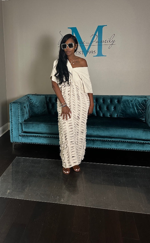 Denim Distressed Lightweight Maxi Dress - Cream