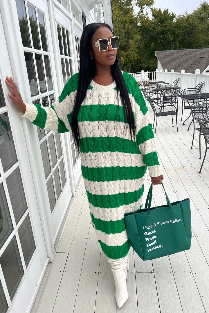 Emerald Green and Cream Cable Knit Sweater Dress