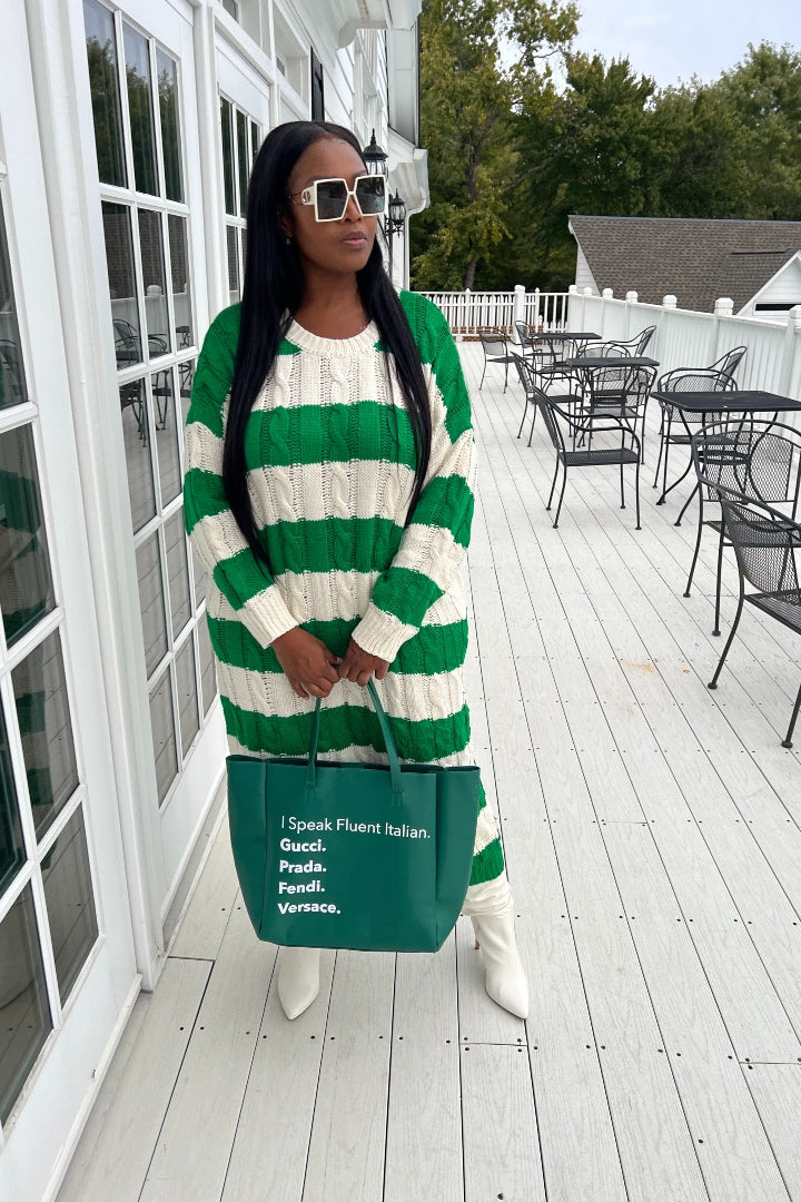 Emerald Green and Cream Cable Knit Sweater Dress