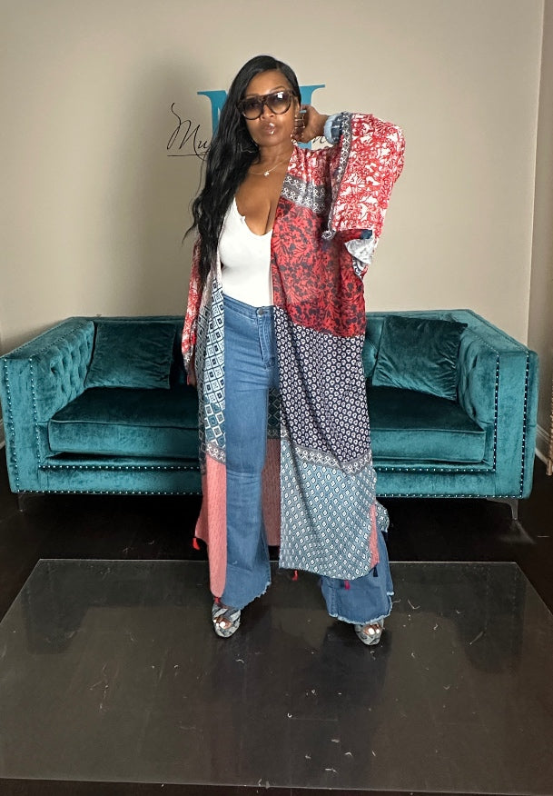 Brooklyn Open Front Kimono Long Kimono - Red blue Cream Blend Ships 9/10