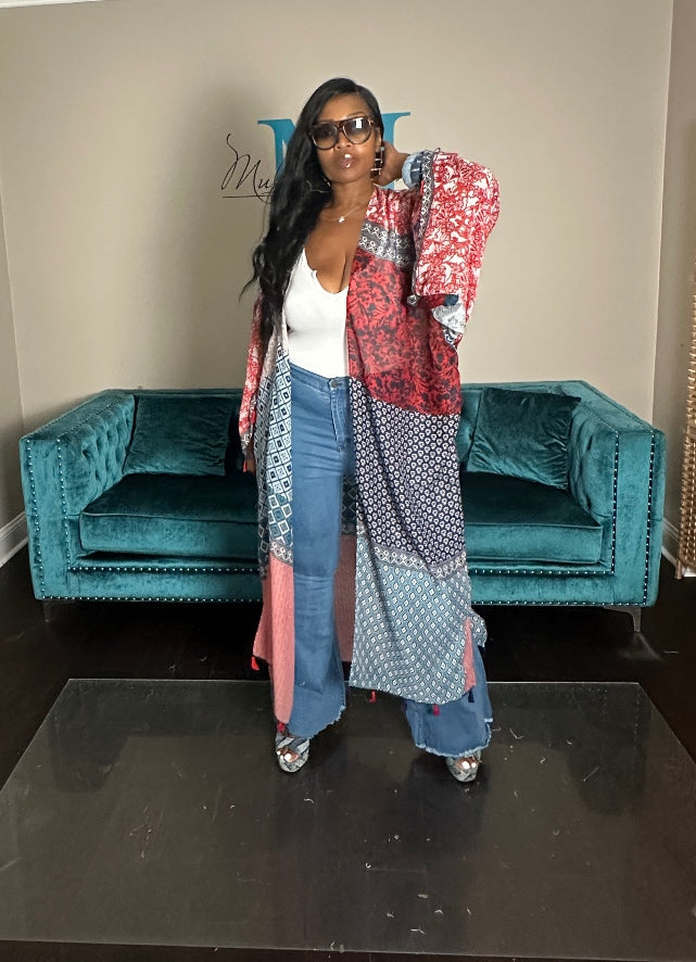 Brooklyn Open Front Kimono Long Kimono - Red blue Cream Blend Ships 9/10