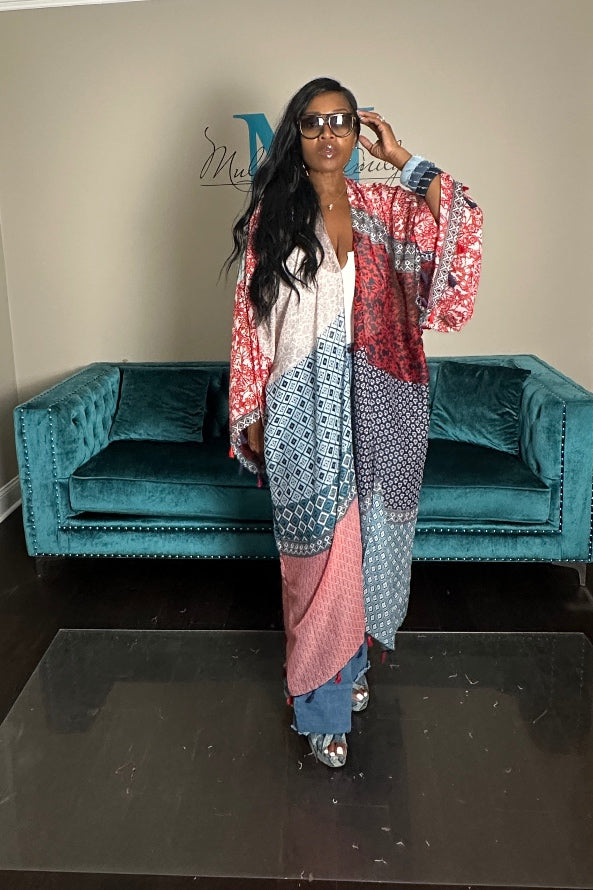 Brooklyn Open Front Kimono Long Kimono - Red blue Cream Blend Ships 9/10