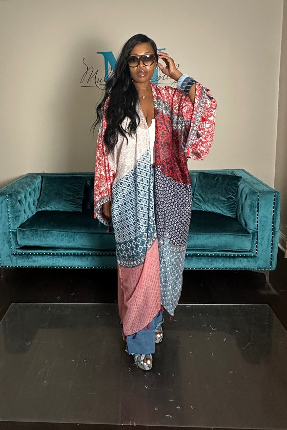 Brooklyn Open Front Kimono Long Kimono - Red blue Cream Blend Ships 9/10