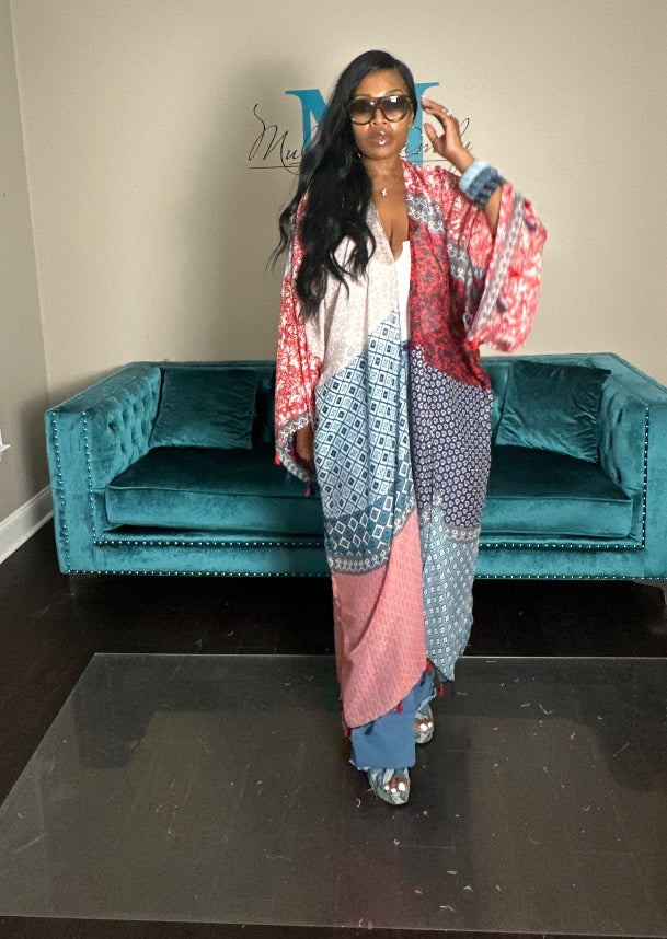Brooklyn Open Front Kimono Long Kimono - Red blue Cream Blend Ships 9/10