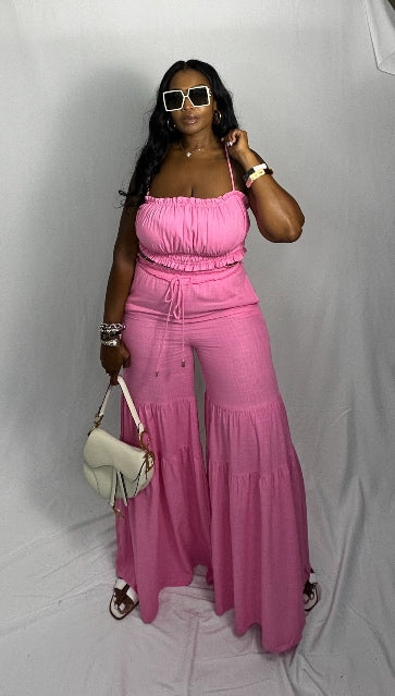 Summer Pink Linen 2 pc wide legged layered pant set